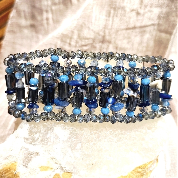Dusty Blue Gray Faceted Glass Square Tube Beads Natural Stone Stretch Bracelet - Picture 3 of 7